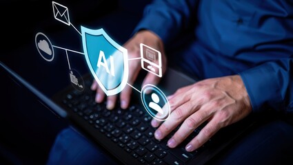 AI security and automated threat response. Artificial intelligence powered detection and prediction. Man using laptop computer with machine learning based network security system