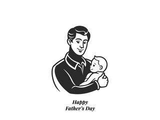 Father Holding Baby Illustration – Happy Father’s Day Vintage Line Art for Greeting Cards and Posters.
