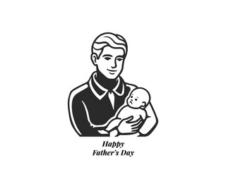 Father Holding Baby Illustration – Happy Father’s Day Vintage Line Art for Greeting Cards and Posters.