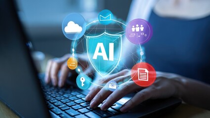 AI security and automated threat response. Artificial intelligence powered detection and prediction. Man using laptop computer with machine learning based network security system