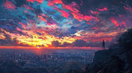 Fototapeta premium A solitary figure gazes at a vibrant sunset over a city.