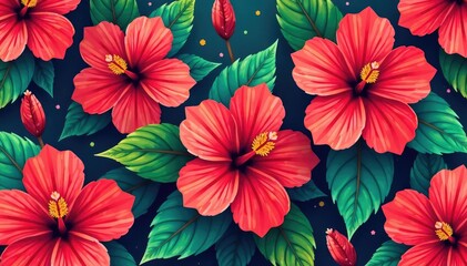 Fototapeta premium Bold, vibrant hibiscus blooms in a dynamic, tropical repeat , wallpaper, hibiscus, seamless