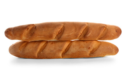 Fresh baguettes on white background