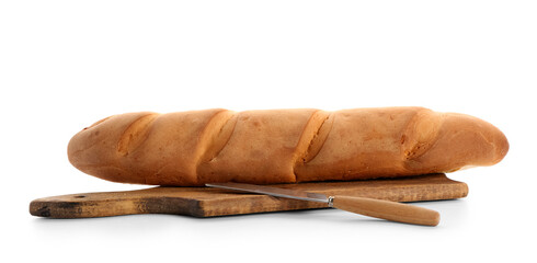 Wooden board with fresh baguette on white background