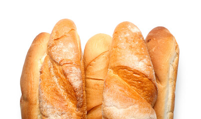 Many fresh baguettes on white background, closeup