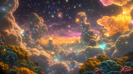 Obraz premium Dreamy night sky with fluffy clouds and sparkling stars. [Fractal Eden] | Recursive Eden | infinite paradise. Illustration