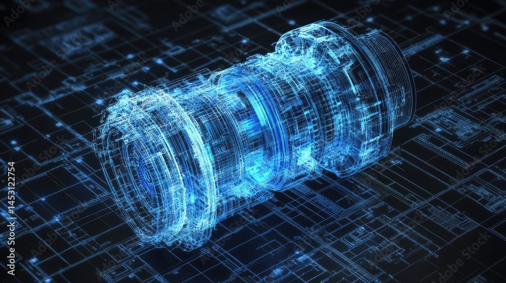 Poster digital 3d rendering of a lens floating above a circuit board style background illuminated by blue l