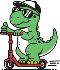 Obraz premium Cool Cartoon Dino Riding Scooter Illustration