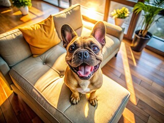 Adorable Brown French Bulldog Relaxing on Couch, Family Dog Life
