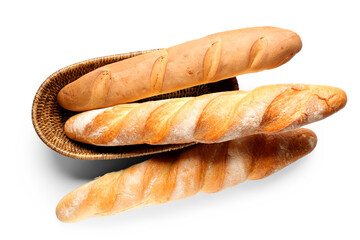 Wicker bowl with fresh baguettes on white background