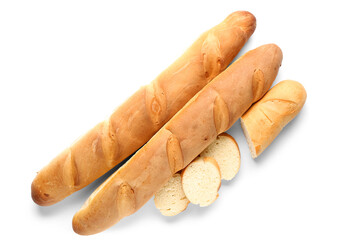 Fresh baguettes on white background