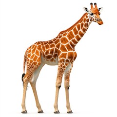 Fototapeta premium A majestic giraffe with vibrant brown and white spots stands tall against a clean white background posing calmly.