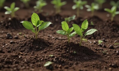 Fototapeta premium Tiny coffee seedlings emerge, vibrant green leaves unfurl in rich soil , tropical, coffee cultivation
