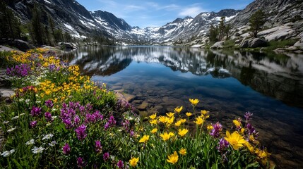 Naklejka premium Colorful wildflowers bloom near a serene mountain lake surrounded by snow-capped peaks in a sunny spring landscape