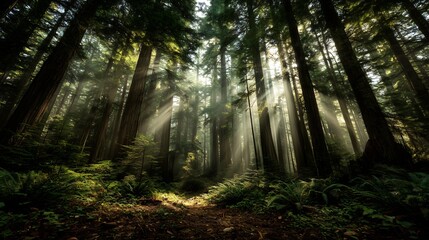 Fototapeta premium Sunlight beams pierce through the towering trees in a tranquil forest setting during morning hours