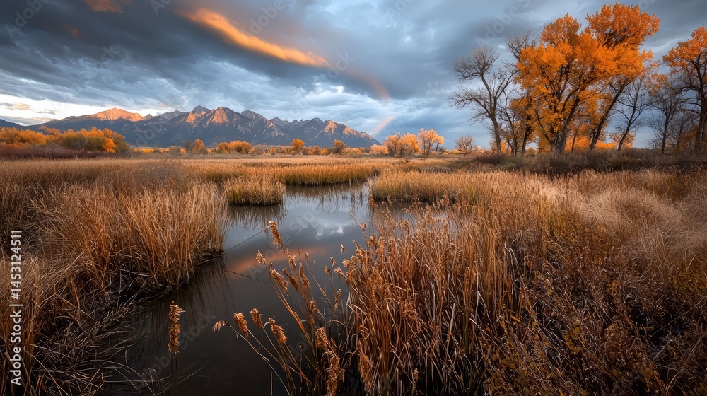 Poster field of tall grass with a river running through it. the sky is cloudy and the sun is setting