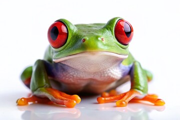 Obraz premium Adorable Green Tree Frog with Striking Red Eyes - Isolated White Background Stock Photo