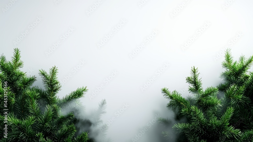 Aufkleber forest of trees with a foggy sky in the background. the trees are tall and green, and the sky is haz