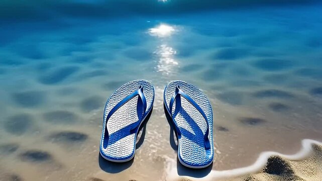 Blue And White Patterned Flip Flops On Sandy Beach With Turquoise Water And Bright Sunlight