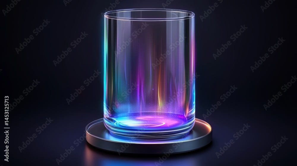 Aufkleber glass is sitting on a black surface. the glass is clear and has a purple hue. the surface is illumin