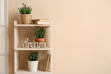 Pots with lavender, word DREAM and books on shelving unit against beige background