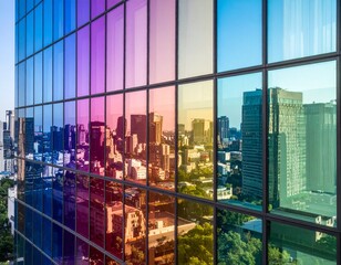 Modern City Skyline Reflected in Colorful Glass Building Facade