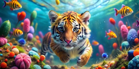 Adorable Tiger Cub Playing in Vibrant Coral Reef, Underwater Bokeh Photography