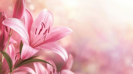 Fototapeta premium Delicate pink lilies in soft focus, bathed in sunlight.