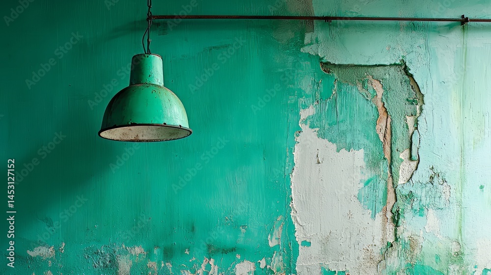 Poster Green lamp is hanging from a wall with a green wall behind it. The lamp is the only object in the image