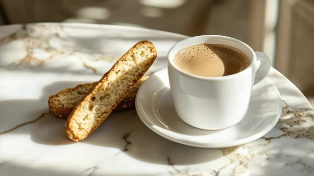 Coffee and biscotti on a marble table
