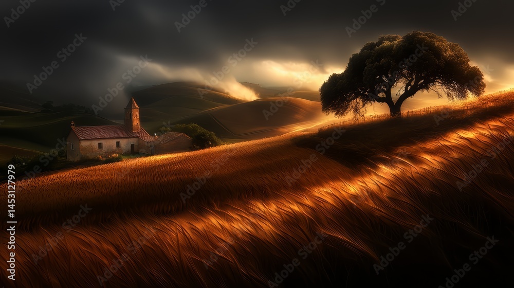 Aufkleber house is on a hill with a tree in the foreground. the sky is dark and cloudy