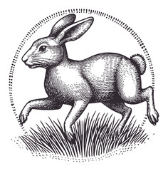 Obraz premium Vintage Style Illustration of a Running Rabbit in Grass
