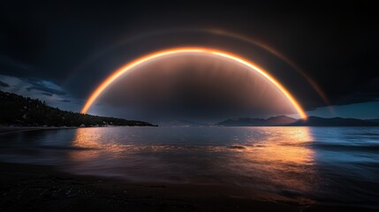 Large rainbow is reflected in the water of a lake. The sky is dark and cloudy, and the water is calm