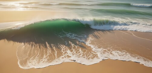 Emerald green waves curl, breaking on golden sand  Dynamic coastal scene, sunlit , bright, shore, waves