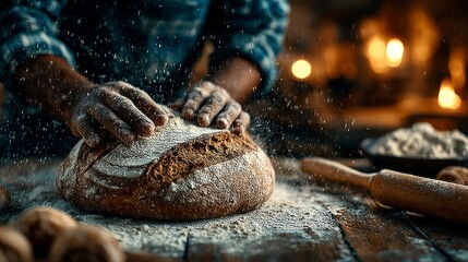 Artisanal Bread Making Hands Kneading Fresh Dough with Flour Sprinkles Warm Lighting and Rust