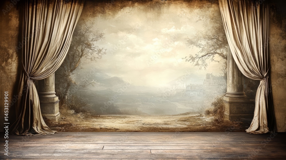 Poster Large, empty stage with a curtain in the foreground and a curtain in the background. The stage is set for a play or performance