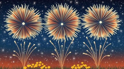 Three Fireworks Display at Night