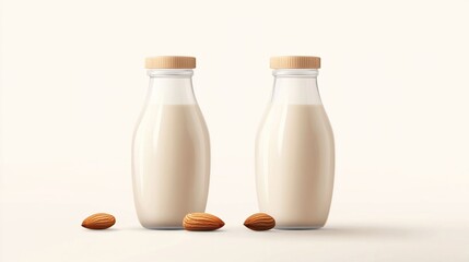 Two glass bottles of almond milk with wooden caps, almonds beside