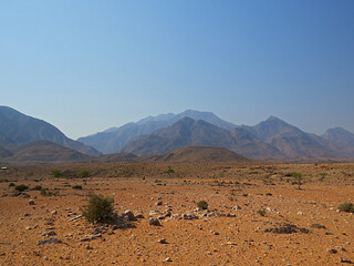 Arid Namibian Landscape with Rocky Terrain, scarce vegetation and Mountain Backdrop