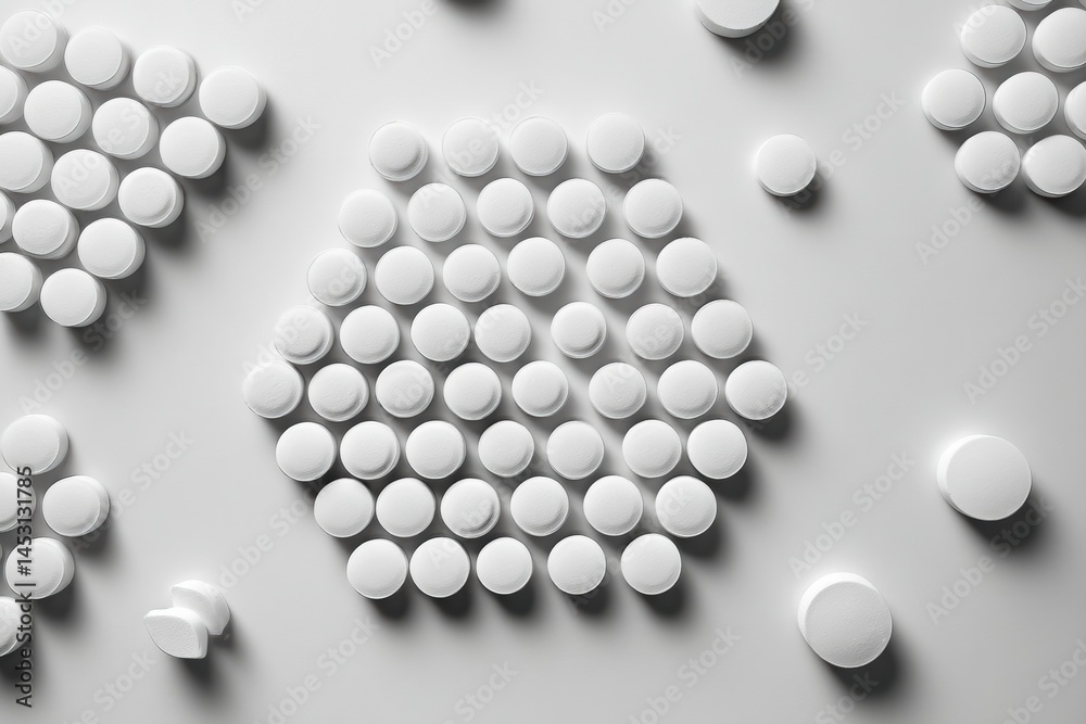 Aufkleber Pills Arranged in Geometric Patterns on a Minimalist White Background Showcasing Artistic Design and Simplicity in Contemporary Art Generative AI