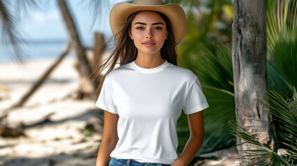 Summer Fashion: Woman in White T-Shirt and Cowboy Hat near Beach