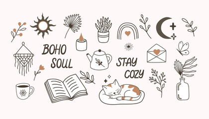 Vector set in boho style with cozy elements: sleeping kitten, teapot, book, candle, plants, rainbow, sun, moon, macrame and the inscriptions Boho Soul and Stay Cozy. Perfect for design and decor.