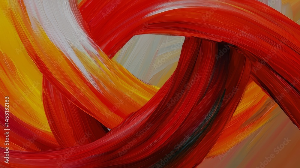 Aufkleber painting of two red and white lines that are intertwined. the painting has a sense of movement and e