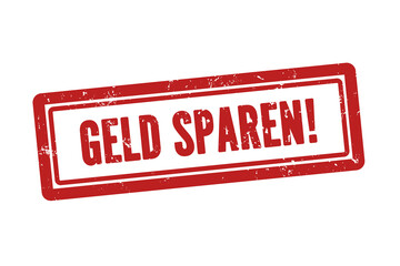 Geld sparen (save money) - A red stamp, isolated on white background.