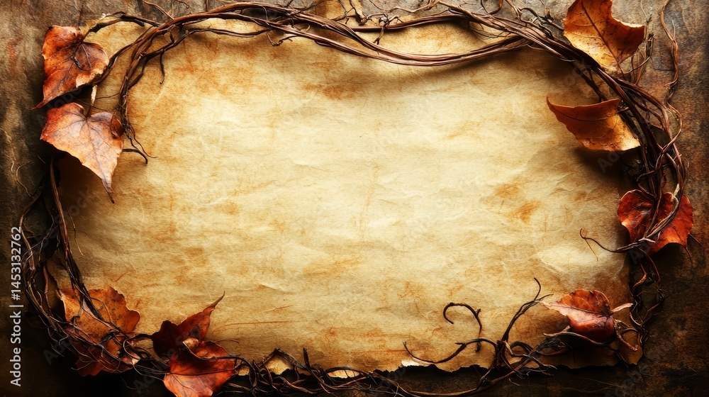 Poster Paper with a frame made of leaves and vines is placed over it. The leaves and vines create a natural and rustic look