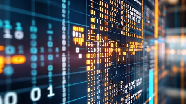 Dynamic Digital Data Stream Displaying Binary Code In Orange And Blue With Technological Structure