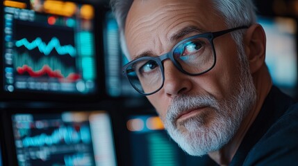 Serious senior man analyzing financial data charts graphs screen work blue dark stock beard market
