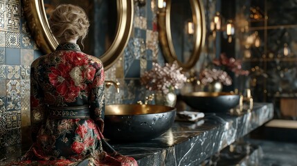 Fototapeta premium Elegant Woman in Traditional Robe Admiring Reflection in Luxurious Bathroom with Gold and Marbl