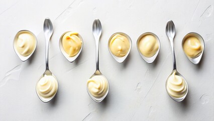 Aerial View of Isolated Spoons with Mayonnaise Sauce - Top Down Drone Shot