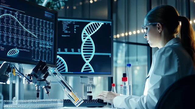 Female Scientist Typing At Computer Displaying DNA Sequence With Blue Light In Modern Laboratory Setting